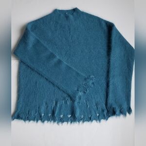 Women's Teal Blue Angora Mock NECK Cropped Sweater by KOLOR Frayed Hem / Cuffs